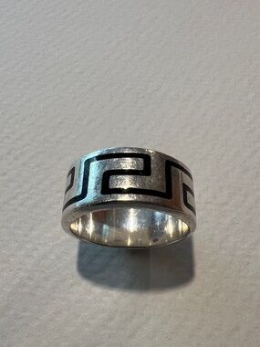 Sterling Silver Greek Key Band Ring - Black Accents